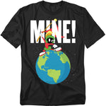 Black Looney Tunes T-shirt featuring Marvin the Martian standing on the Earth holding a flag with bold “MINE!” lettering