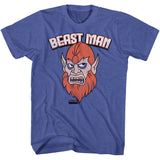 Blue Masters of the Universe T-shirt featuring bold “Beast Man” text above a large retro Beast Man face graphic in classic 80s cartoon style.