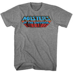 Heather gray Masters of the Universe T-shirt featuring the classic MOTU logo in bold retro colors across the chest.