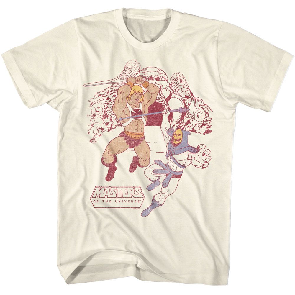 Off-white Masters of the Universe T-shirt featuring a vintage-style battle scene of He-Man fighting Skeletor with Castle Grayskull in the background.