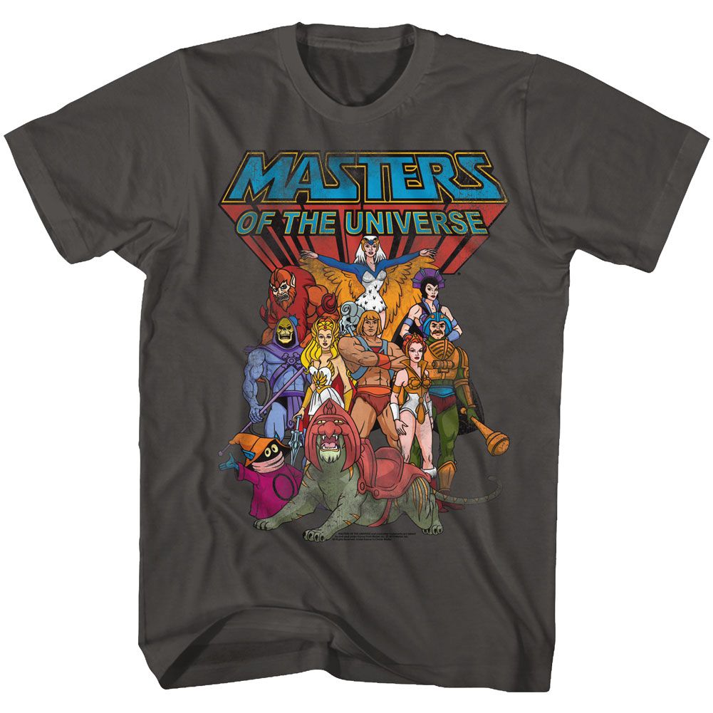 Gray Masters of the Universe T-shirt featuring a colorful group graphic of He-Man and iconic heroes beneath the classic logo.