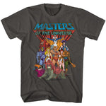 Gray Masters of the Universe T-shirt featuring a colorful group graphic of He-Man and iconic heroes beneath the classic logo.