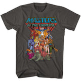 Gray Masters of the Universe T-shirt featuring a colorful group graphic of He-Man and iconic heroes beneath the classic logo.