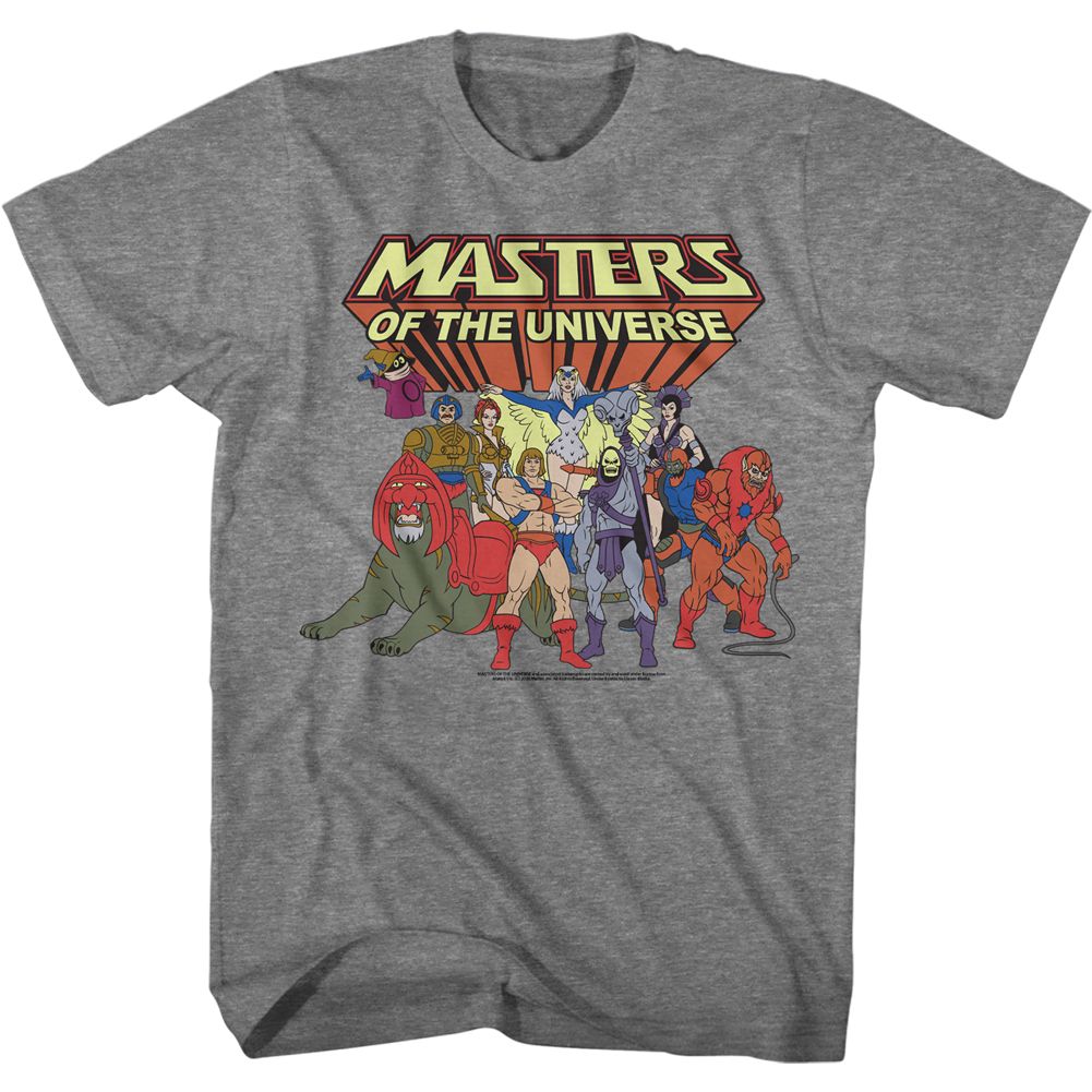 Gray Masters of the Universe T-shirt featuring a classic group lineup of He-Man characters and villains under the vintage “Masters of the Universe” logo.