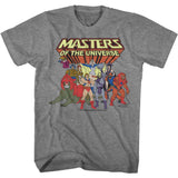 Gray Masters of the Universe T-shirt featuring a classic group lineup of He-Man characters and villains under the vintage “Masters of the Universe” logo.