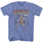 Blue heather T-shirt featuring He-Man from Masters of the Universe holding a sword with the classic logo above him.