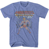 Blue heather T-shirt featuring He-Man from Masters of the Universe holding a sword with the classic logo above him.