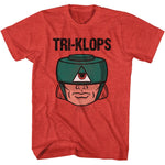 Red Masters of the Universe T-shirt featuring “TRI-KLOPS” text above a large retro Tri-Klops character face graphic with his signature green visor helmet.