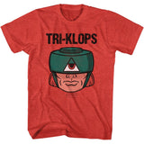 Red Masters of the Universe T-shirt featuring “TRI-KLOPS” text above a large retro Tri-Klops character face graphic with his signature green visor helmet.