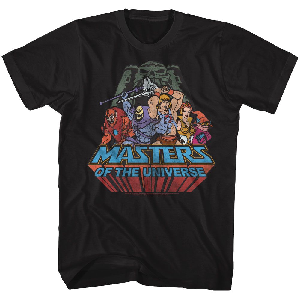 Masters of the Universe T-shirt featuring He-Man, Skeletor, and characters in front of Castle Grayskull