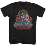Masters of the Universe T-shirt featuring He-Man, Skeletor, and characters in front of Castle Grayskull