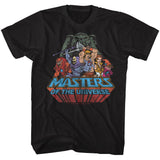 Masters of the Universe T-shirt featuring He-Man, Skeletor, and characters in front of Castle Grayskull
