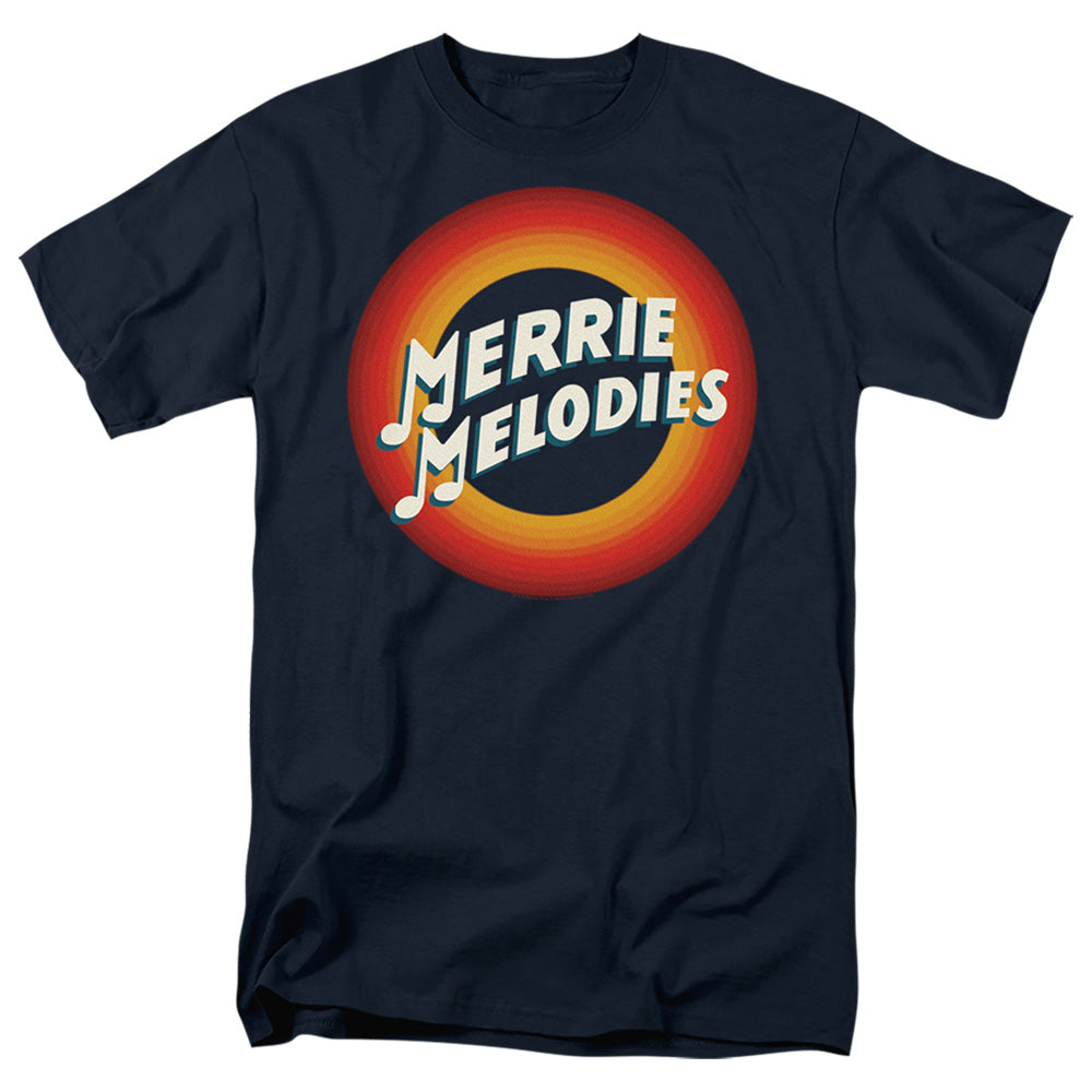 Merrie Melodies logo with musical notes inside classic red and orange concentric rings on a navy blue T-shirt