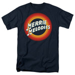 Merrie Melodies logo with musical notes inside classic red and orange concentric rings on a navy blue T-shirt