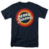 Merrie Melodies logo with musical notes inside classic red and orange concentric rings on a navy blue T-shirt