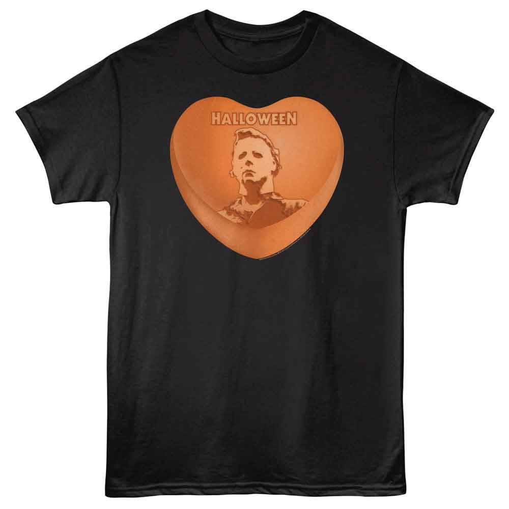 Black horror t-shirt featuring Michael Myers inside an orange candy heart with the word “Halloween” above his portrait.