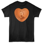 Black horror t-shirt featuring Michael Myers inside an orange candy heart with the word “Halloween” above his portrait.