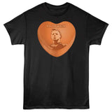 Black horror t-shirt featuring Michael Myers inside an orange candy heart with the word “Halloween” above his portrait.