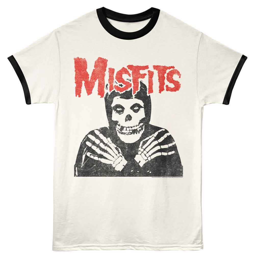 Officially licensed Misfits ringer t-shirt featuring the Crimson Ghost skull artwork in distressed punk rock style