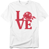 White Teenage Mutant Ninja Turtles t-shirt featuring a red “LOVE” design with Michelangelo’s face peeking through the letters.