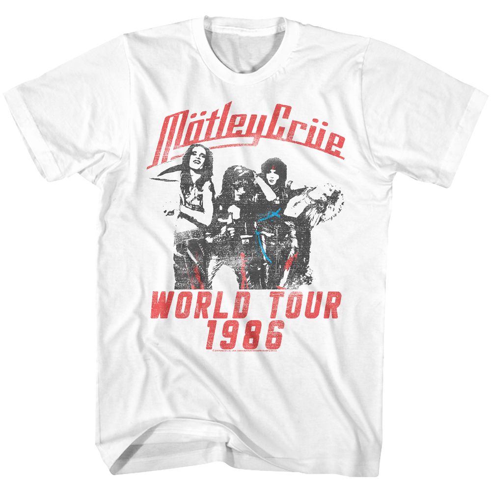 White T-shirt featuring Mötley Crüe’s 1986 World Tour design with red distressed lettering and a black-and-white photo of the band.