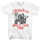 White T-shirt featuring Mötley Crüe’s 1986 World Tour design with red distressed lettering and a black-and-white photo of the band.