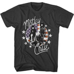 Mötley Crüe T-shirt featuring a vintage black-and-white band photo with an American flag background and distressed glam metal artwork