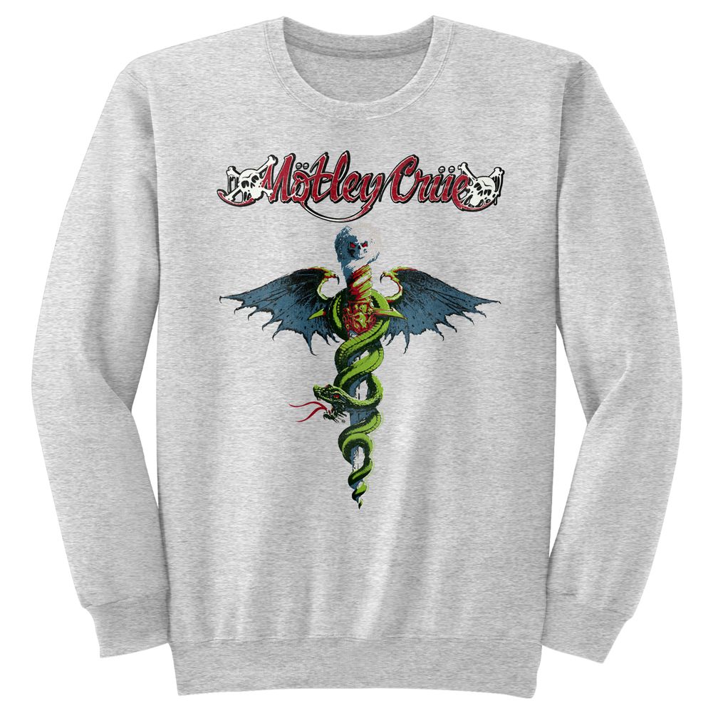 Officially licensed Mötley Crüe Dr. Feelgood caduceus sweatshirt with winged snake design