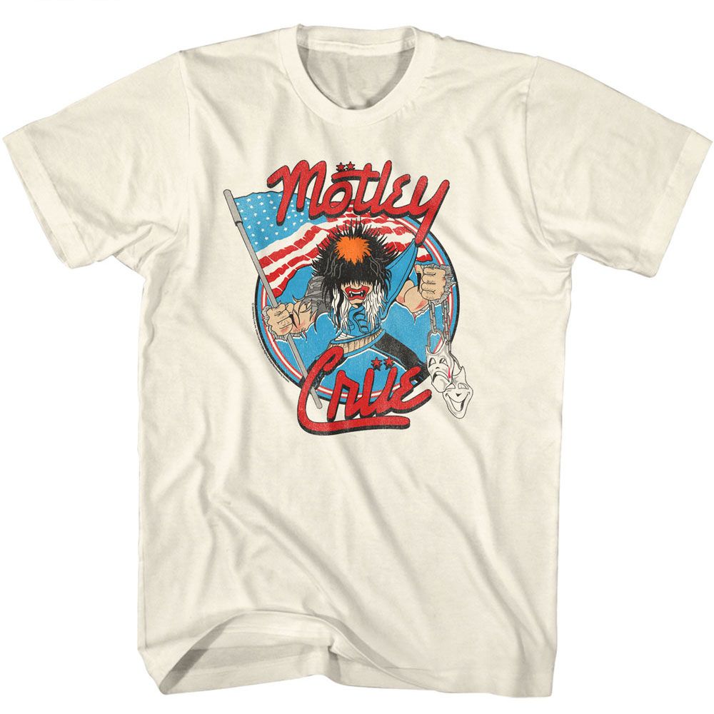Mötley Crüe T-shirt featuring a vintage cartoon-style band member graphic with an American flag backdrop and retro glam metal artwork