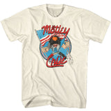 Mötley Crüe T-shirt featuring a vintage cartoon-style band member graphic with an American flag backdrop and retro glam metal artwork