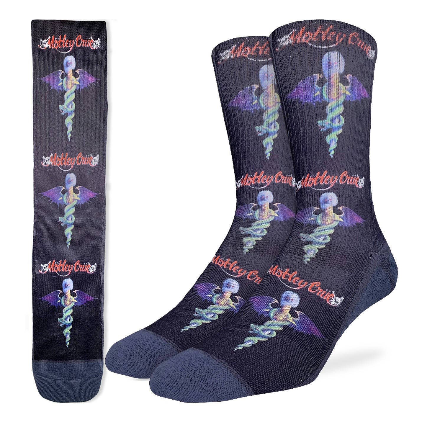 Black crew socks featuring repeating Mötley Crüe Dr. Feelgood winged-serpent emblem and red band logo.
