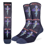 Black crew socks featuring repeating Mötley Crüe Dr. Feelgood winged-serpent emblem and red band logo.