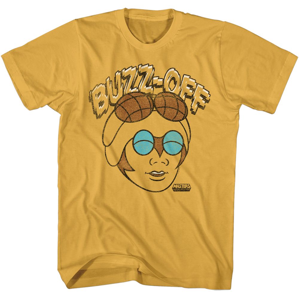 Yellow Masters of the Universe T-shirt featuring Buzz-Off with goggles and blue lenses and the text “BUZZZ-OFF.”