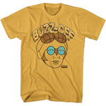 Yellow Masters of the Universe T-shirt featuring Buzz-Off with goggles and blue lenses and the text “BUZZZ-OFF.”
