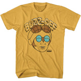 Yellow Masters of the Universe T-shirt featuring Buzz-Off with goggles and blue lenses and the text “BUZZZ-OFF.”