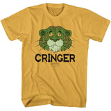 Yellow Masters of the Universe T-shirt featuring Cringer’s face above bold “CRINGER” text in a distressed retro style.