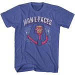 Blue Masters of the Universe T-shirt featuring Man-E-Faces with the text “MAN-E-FACES” in a distressed retro style.