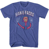 Blue Masters of the Universe T-shirt featuring Man-E-Faces with the text “MAN-E-FACES” in a distressed retro style.
