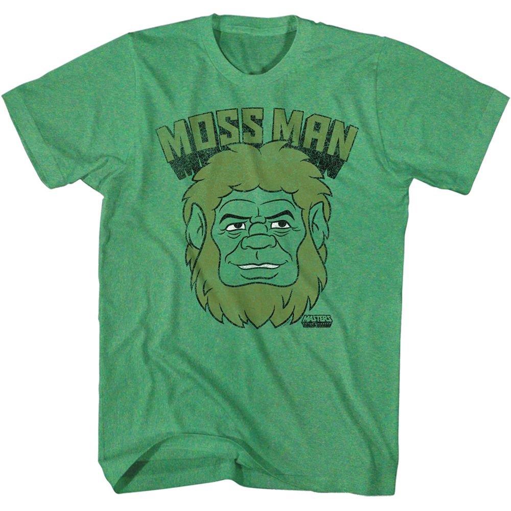Green Masters of the Universe T-shirt featuring Moss Man’s face with “MOSS MAN” text in a distressed retro design.