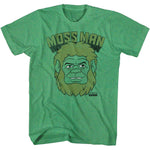 Green Masters of the Universe T-shirt featuring Moss Man’s face with “MOSS MAN” text in a distressed retro design.