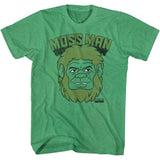 Green Masters of the Universe T-shirt featuring Moss Man’s face with “MOSS MAN” text in a distressed retro design.
