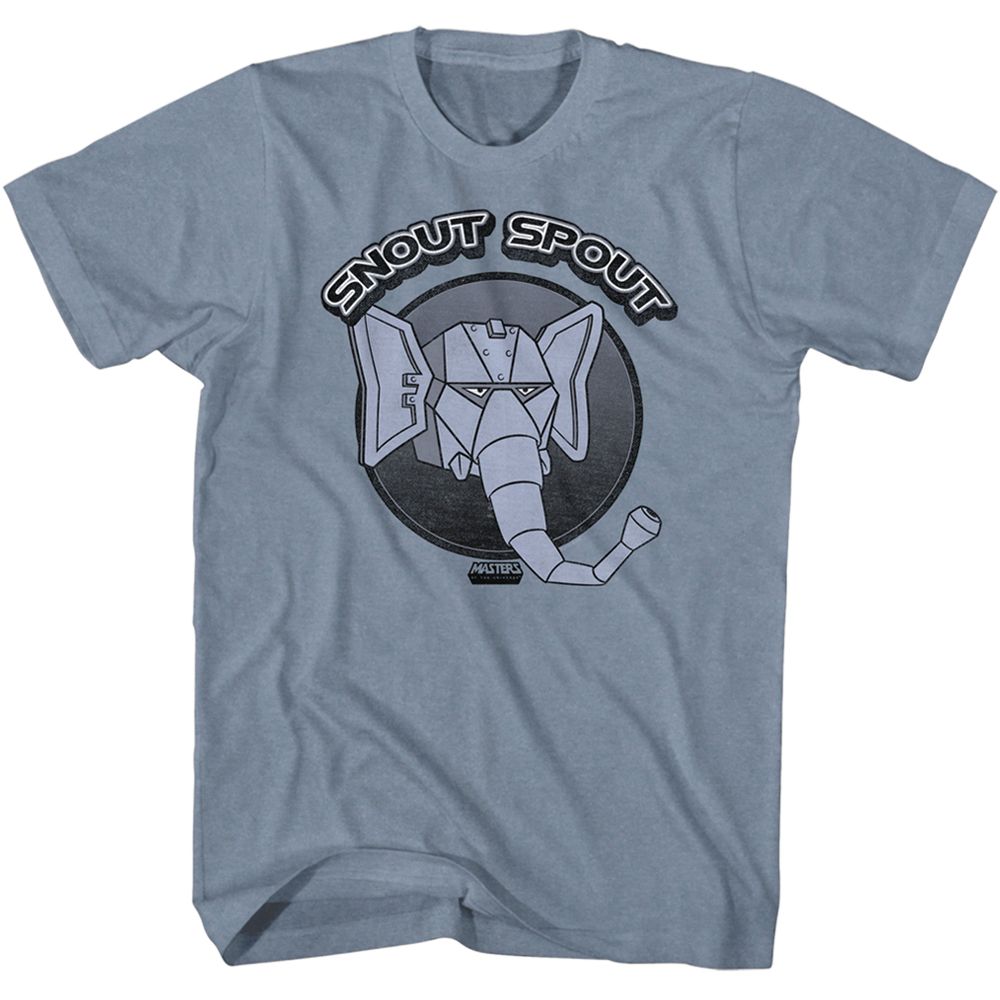 Blue Masters of the Universe T-shirt featuring a robotic elephant head design with “SNOUT SPOUT” text in bold retro lettering.