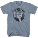 Blue Masters of the Universe T-shirt featuring a robotic elephant head design with “SNOUT SPOUT” text in bold retro lettering.