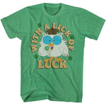 Green St. Patrick’s Day T-shirt featuring Mr. Owl from Tootsie Pop with shamrocks and “With a Lick of Luck” text