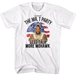 Mr. T standing with crossed arms American flag background Less Talk More Mohawk officially licensed white T-shirt