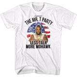 Mr. T standing with crossed arms American flag background Less Talk More Mohawk officially licensed white T-shirt