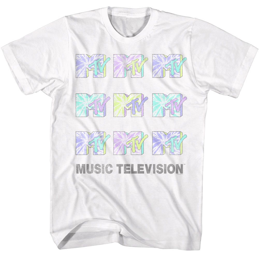 White T-shirt featuring multiple pastel-colored vintage MTV logos in a grid pattern with “Music Television” text beneath.