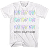 White T-shirt featuring multiple pastel-colored vintage MTV logos in a grid pattern with “Music Television” text beneath.