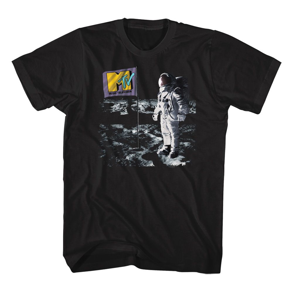 Black MTV astronaut moon landing T-shirt with MTV flag