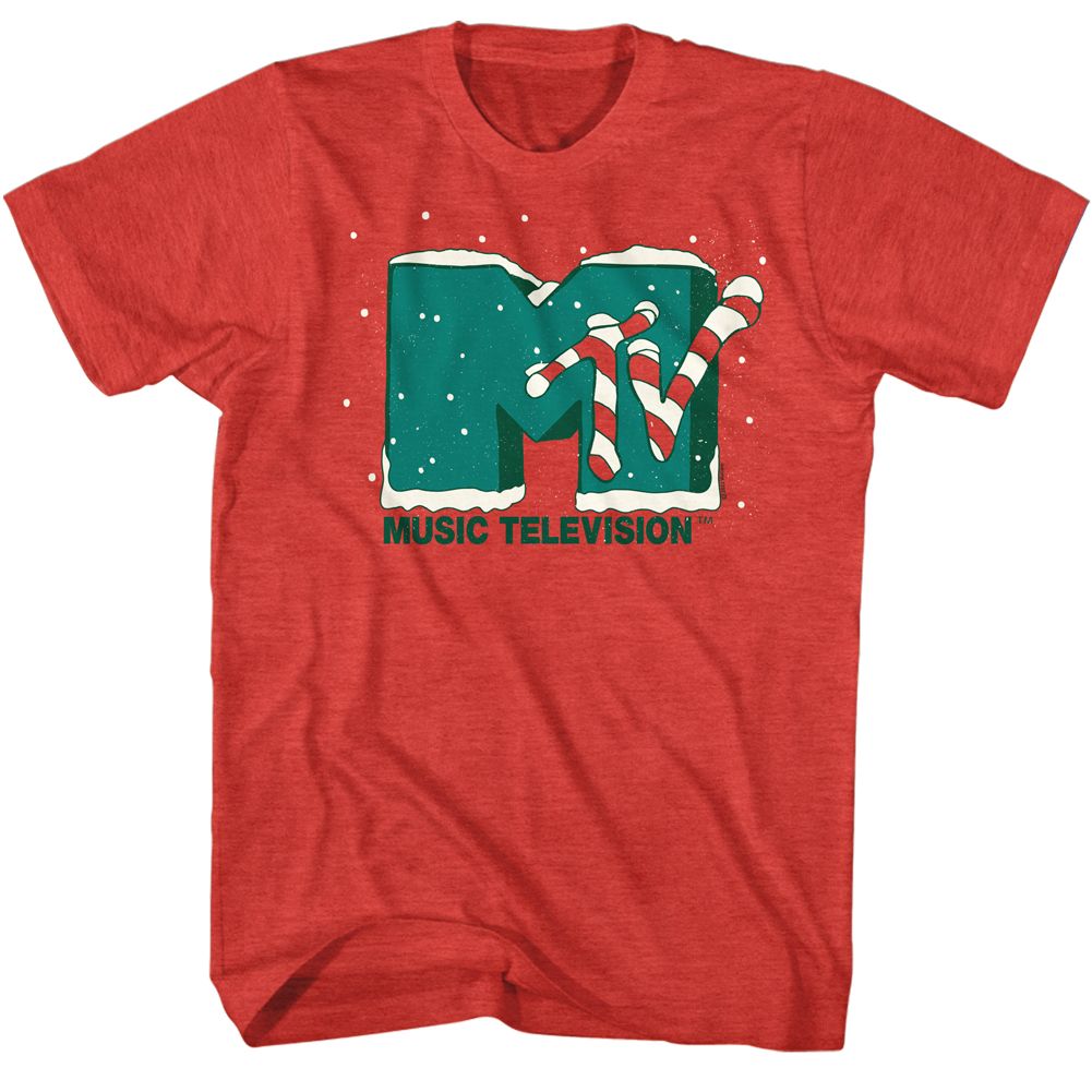 Red T-shirt featuring a festive MTV logo decorated with snow and candy canes, evoking classic 80s holiday vibes.